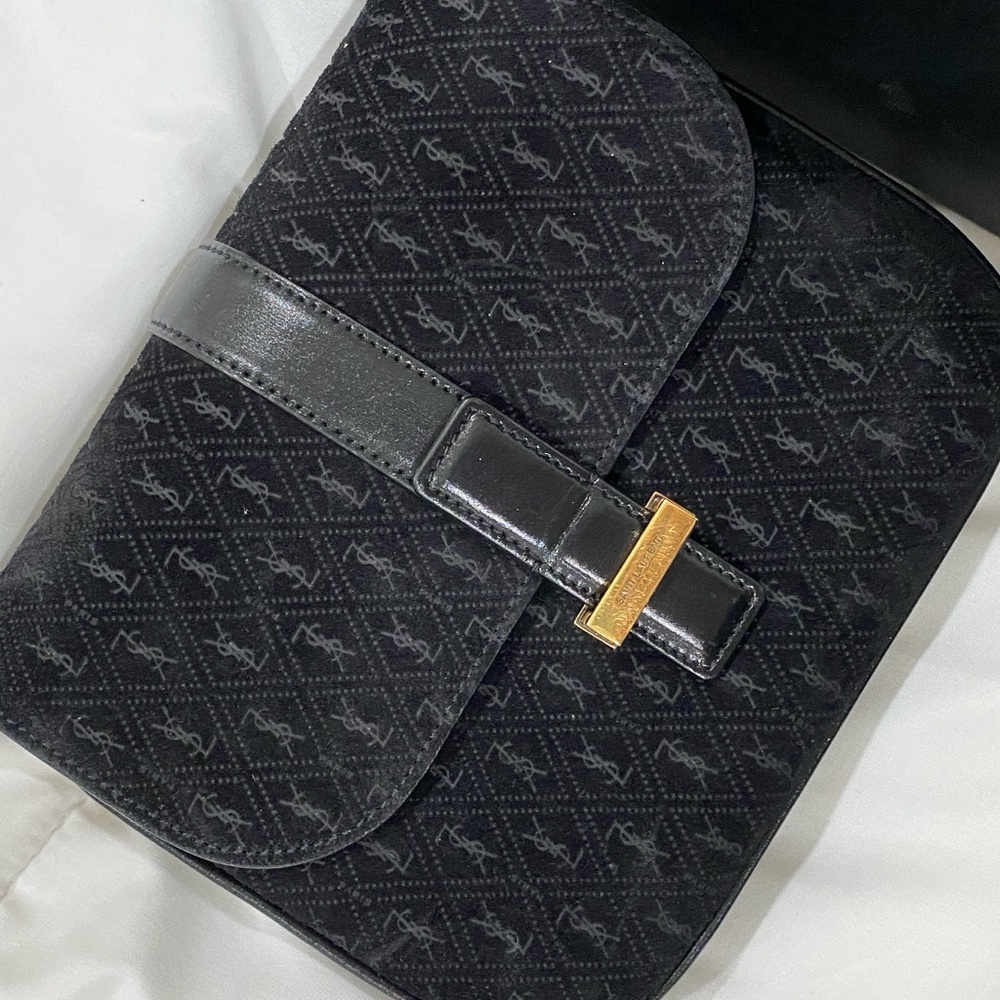 Saint Laurent black suede small embossed monogram satchel bag